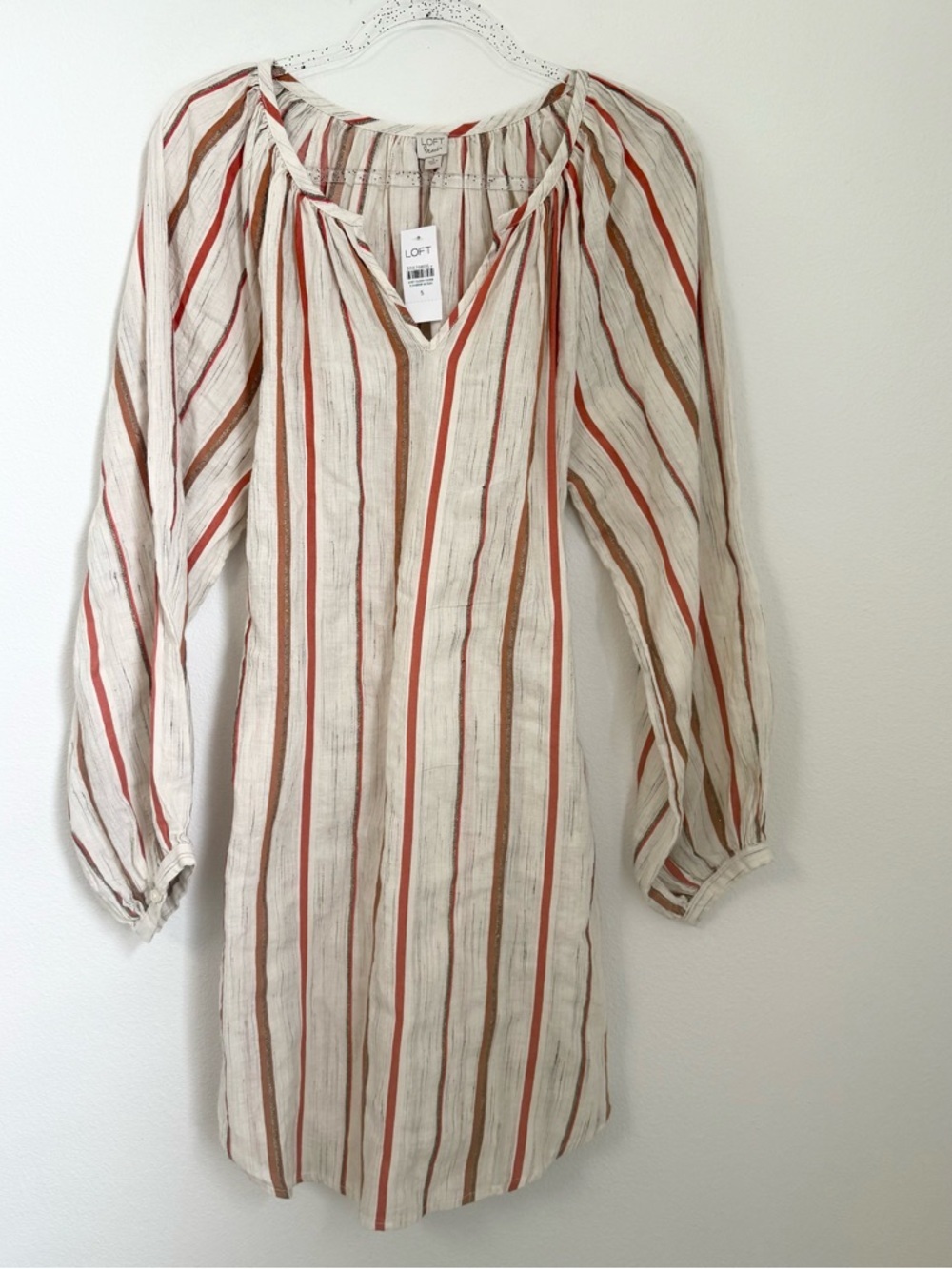NWT Loft Beach Long Sleeve Striped Belted Shirt Dress Beige & Orange Size S